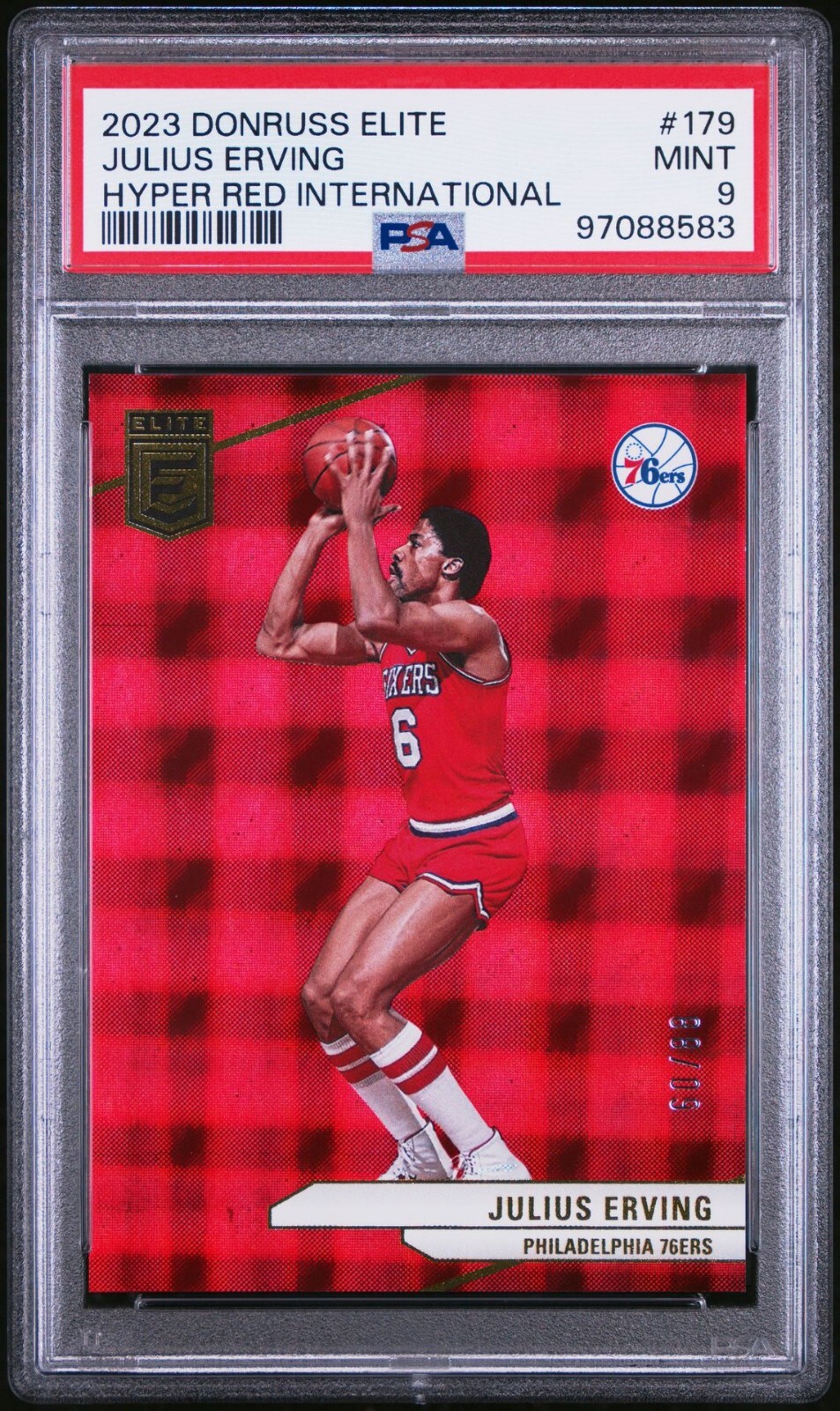 2023 Donruss Elite Julius Erving (Dr. J) Hyper Red Intnl (Color Match) /88 PSA 9