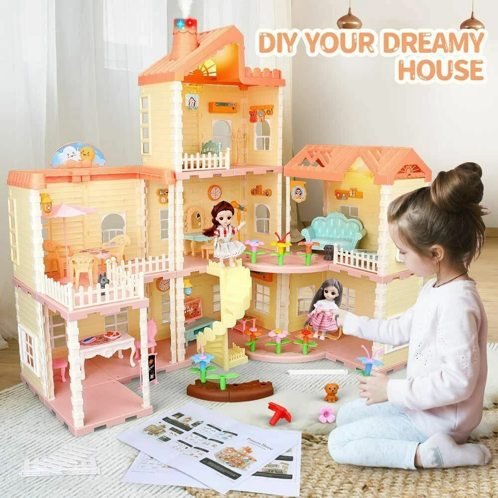 deAO Doll House Dollhouse - 3 Story 9 Rooms Pink DIY Pretend Play Building  Playset, Dollhouse Asseccories and Furniture,Gift for 6 7 8 9 Girls Toddler