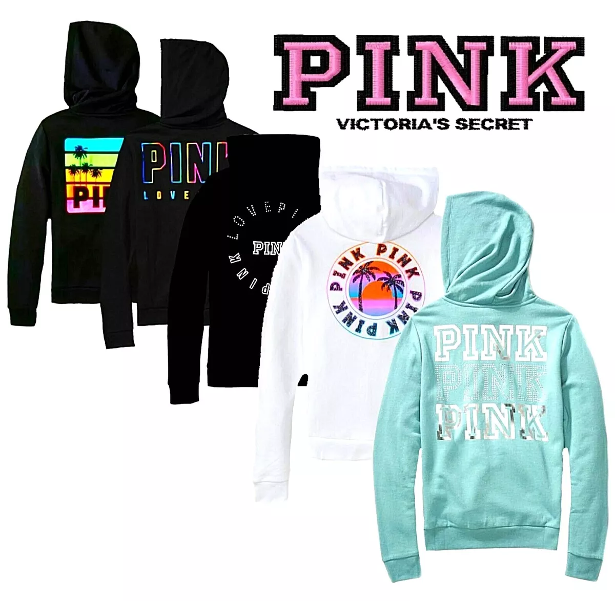 Victoria s Secret PINK SHINE Lounge Full Zip HOODIE Bling Palm Trees Logo Dog