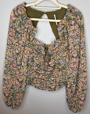 Free People Mable Top XS Green Open Back Long Balloon Sleeve Boho