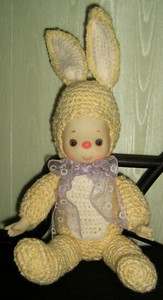 Vintage Handmade CROCHET Yellow EASTER BUNNY Rabbit Vinyl Face