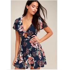 Lulus Womens Botanic Of Time Navy Blue Floral Print Tie-Front Skater Dress Sz XS