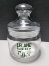 Leland Farmers' Co. Glass Advertising Apothecary Jar W/Lid. Green logo farm corn