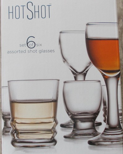 NIB ASSORTED SHAPES & SIZES SET OF 6 GLASS SHOT GLASSES by HOME ESSENTIALS - Picture 3 of 4
