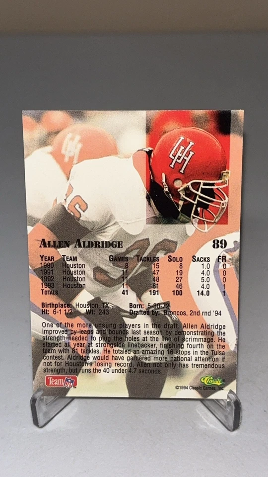 1994 Classic NFL Draft Allen Aldridge RC Rookie On Card Auto #89 - Image 2 of 3