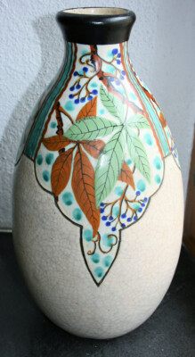 Steingut Vase aus den 1920ern, selten! handgemalt von Louis-Auguste Dage 35 cm