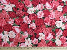 Fat Quarter Pink And Red Roses With Leaves On Black 100% Cotton Quilting Fabric