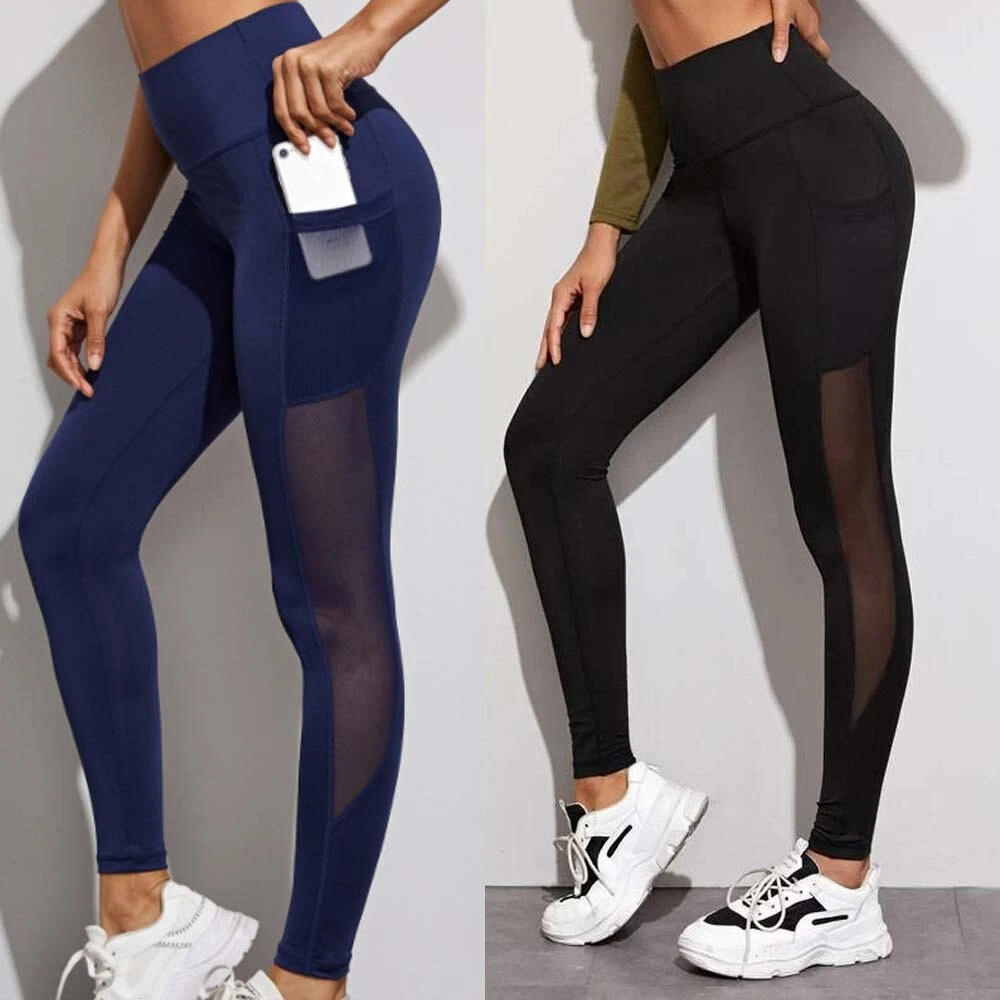 Women's Mesh Yoga Pants 2 Pockets Tummy Control Workout Running Capris  Leggings