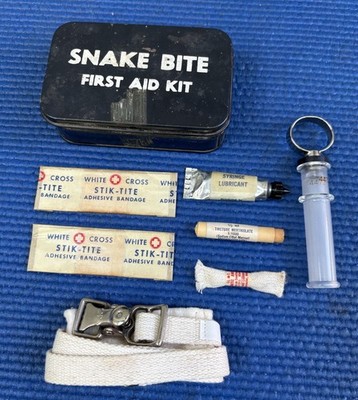Vintage 1940s American Optical First Aid Snake Bite Kit Black Metal Tin Box