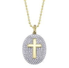 Diamond Cross Necklace 14K Gold Oval Pendant Pave Set Natural 0.38CT Certified
