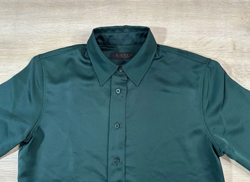 Camisa Polo Ralph Lauren Mujer Verde S Metálica Satén Poliéster Manga Larga Foto 3 de 4
