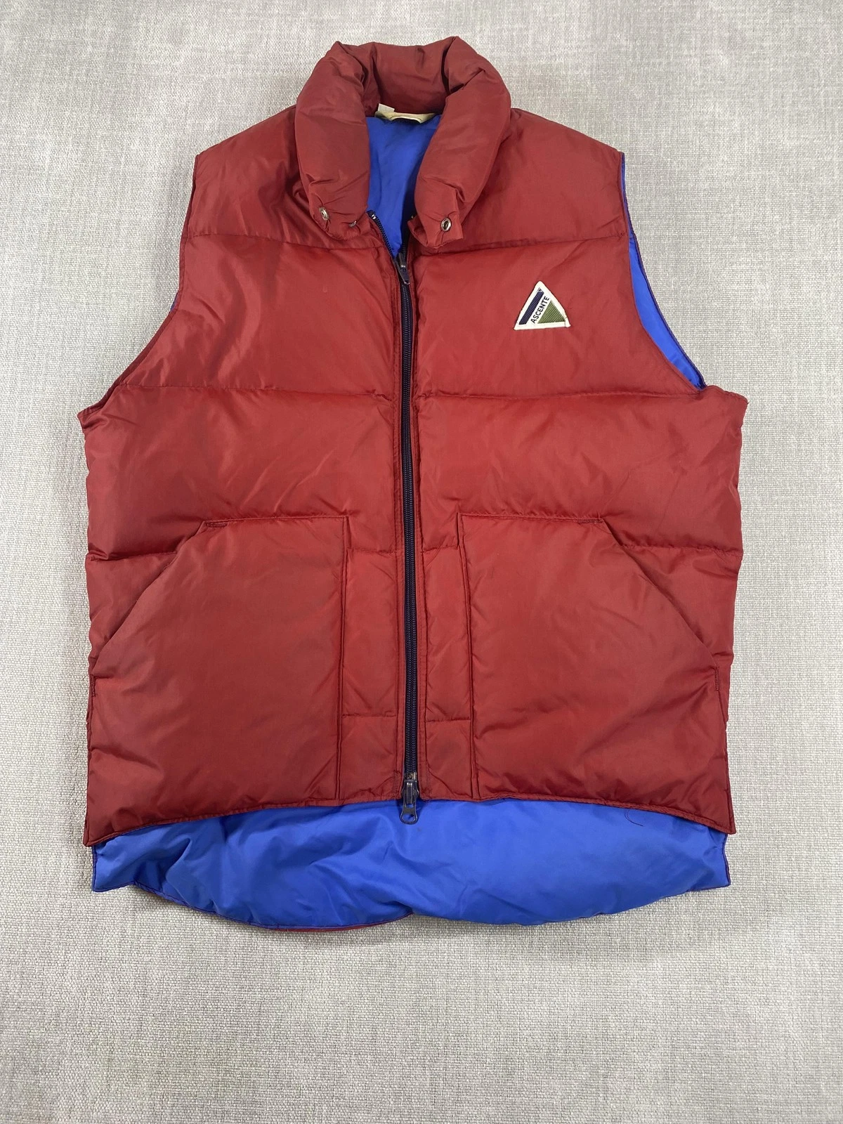 Vintage Ascente Down Puffer Vest Mens Small Red Blue Outdoor Ski Puffy 80s USA