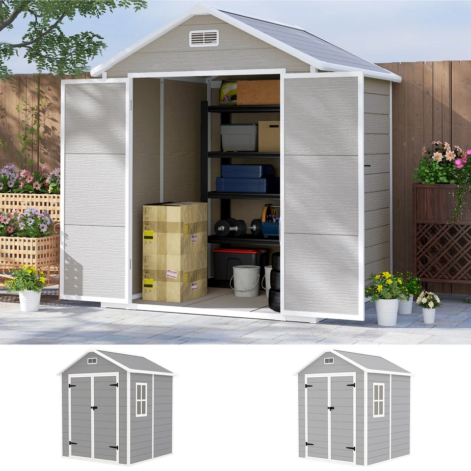 OUTSUNNY 6 x 5ft Plastic Garden Shed with Floor, Window, Lockable Doors