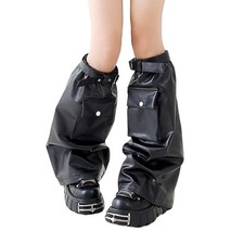 Women Eyelet Strap Pocket Faux Leather Leg Covers Punk Black Flared Leg Warmer