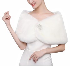 Womens Wedding Faux Fur Wraps Shawls Winter Shrug Brooch Bridesmaids White