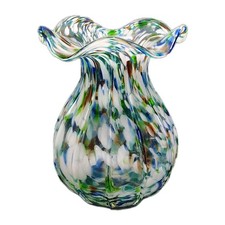 Vintage Murano Style Speckled Confetti Hand Blown Ruffled Art Glass Vase 7.5"