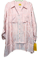 Ruby Rd Size 3X Button Up Coral Stripe Long Tab Sleeve Rayon Tunic Shirt NWT