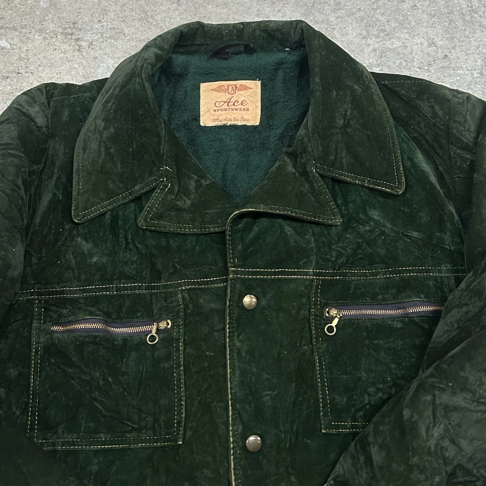 Abrigo de Colección Años 60 Ace Ropa Deportiva Verde Terciopelo Chaqueta Halcón EE. UU. Bolsillos con Cremallera Tareas Foto 2 de 4