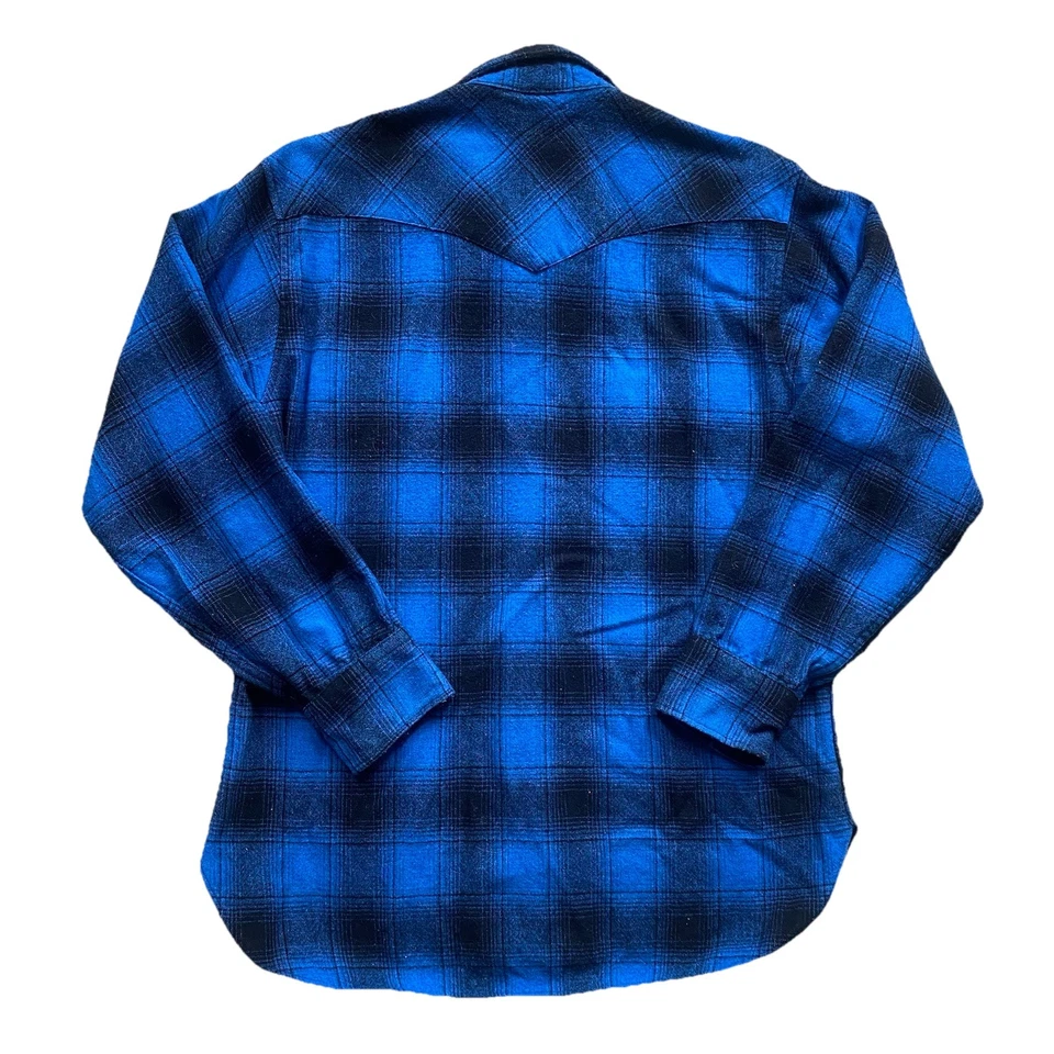Vintage Pendleton Blue Shadow Plaid High Grade Western Shirt Snap 70s Large Wool - Image 3 of 4