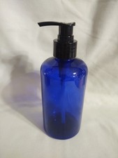 Translucent blue plastic bottle with a black pump dispenser.
