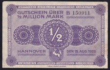 Germany Hannover 1/2 Million Mark 1923 Vintage Emergency Paper Money Banknote VF