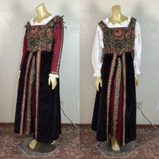6-pc Ladies Renaissance Complete Outfit with Floral Corset Red/Green Skirt - M