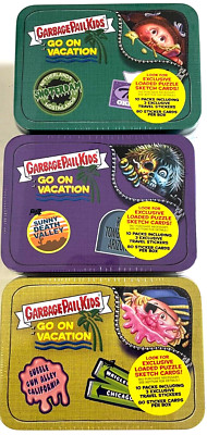 2021 TOPPS GARBAGE PAIL KIDS GO ON VACATION GREEN, PURPLE & YELLOW TIN COMBO