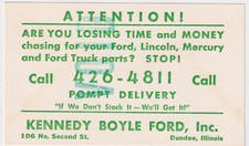 AUTOMOTIVE KENNEDY BOYLE FORD DUNDEE ILLINOIS FORD LINCOLN MERCURY PARTS ca 1962