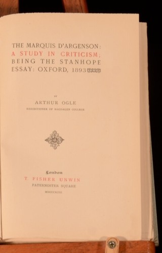 1893 Arthur Ogle First Edition Marquis D'Argenson Study Criticism Biography - Picture 2 of 5