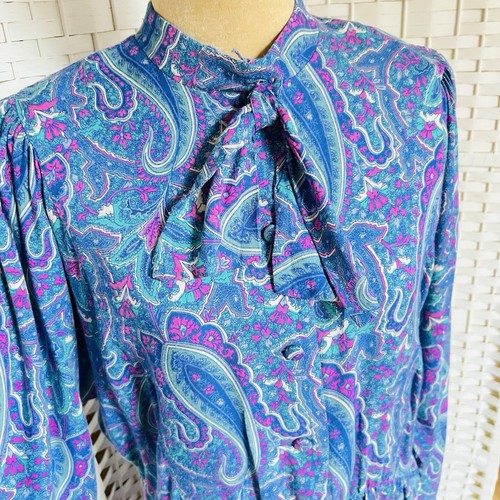Vintage 80s Dress Paisley Pussy Bow Twill St Maxime Britain Fit Modern 12 - Picture 6 of 15