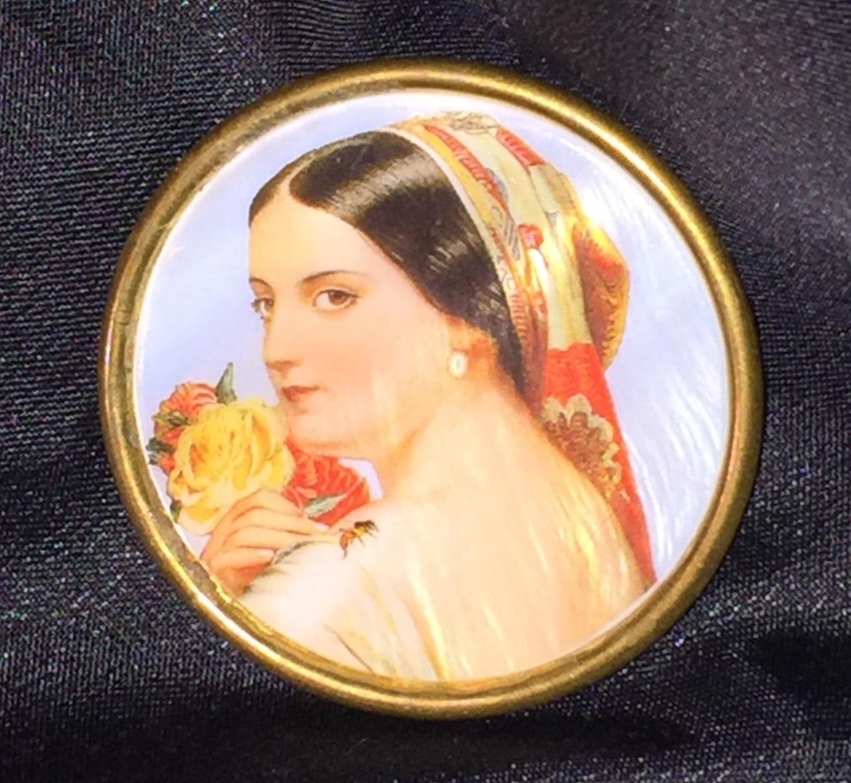Antique Portrait Brooch Enamel MOP Cameo Hand Paint Lady Floral Bee Pendant Vtg View 5