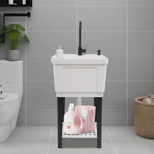 Freestanding Utility Sink White Modern Laundry Sink w/ Faucet & Hoses Drain Kit