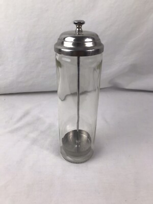 Vintage Chefmate Glass Bar Straw Holder Jar Barber Comb Container With Metal Lid
