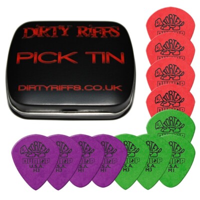12 x Dunlop Tortex Jazz Plektren Plektren - 2 von jeder Größe in einer praktischen Pick Dose