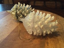 Set Of 2 Resin Glass Look Pinecone Ornaments with Glitter VTG
