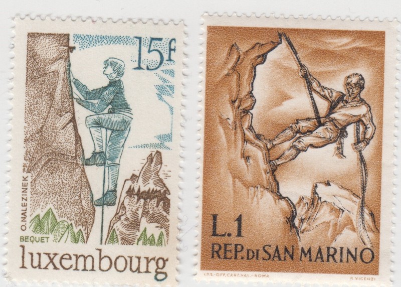 Luxembourg & San Marino. Twin stamps. Mountain climbing. Sc# 568, 519. MNH