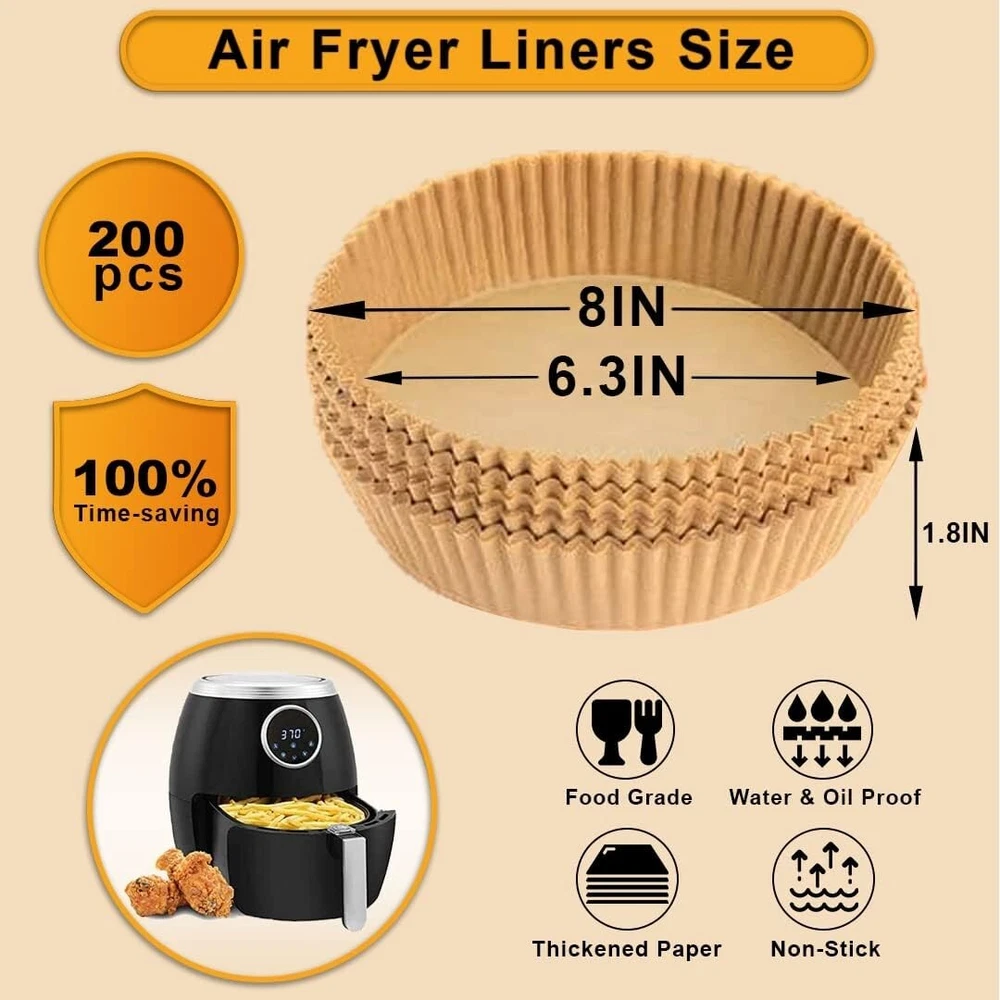 Air Fryer Paper Liners Fits 2-5Qt – 200 Pcs Non-Stick Airfryer Paper Liners D...