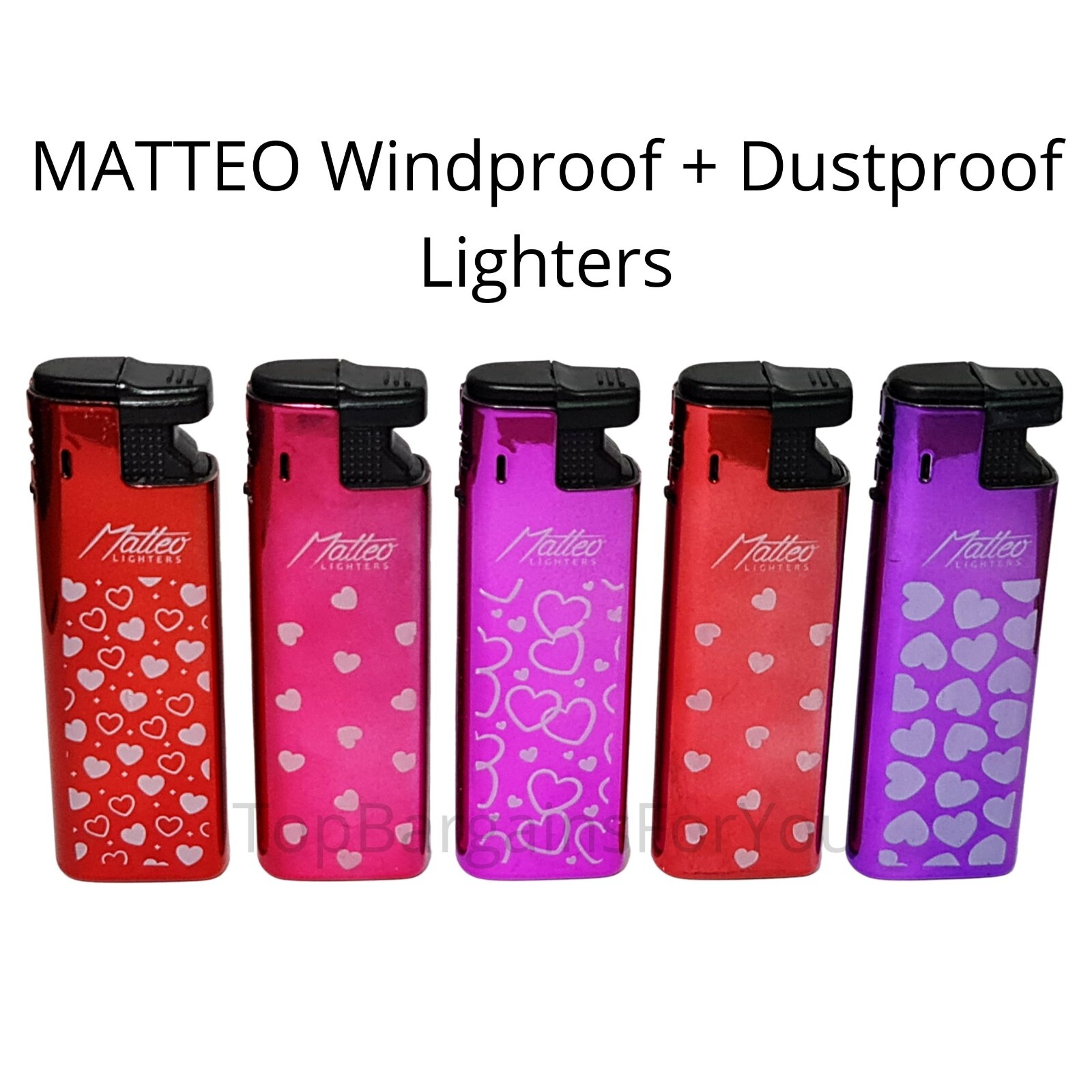 5x MATTEO Jet Lighters SHINY HEART Design Set Windproof Dustproof Gas