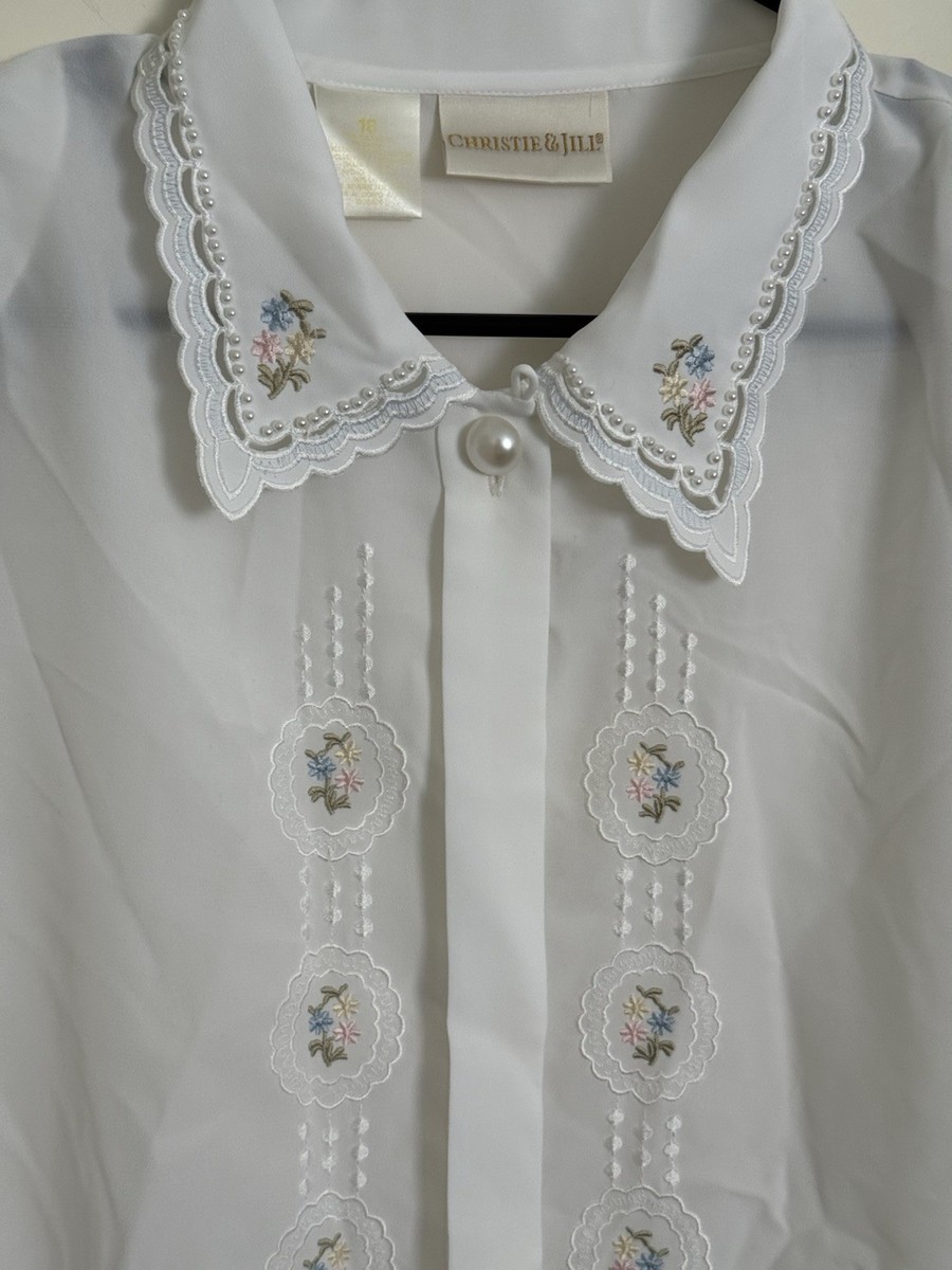 Vtg Christie & Jill Blouse White Floral Button Scallop Collar Embroidered Sheer View 3