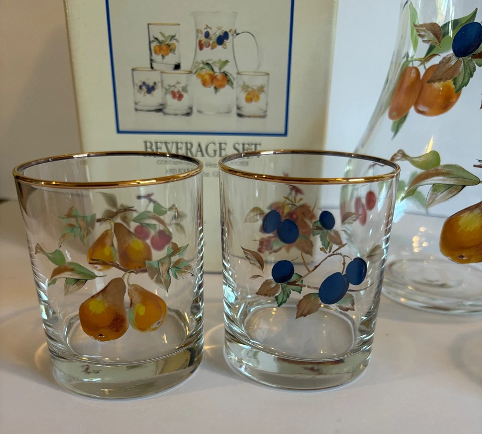 JUEGO DE BEBIDAS ROYAL WORCESTER EVESHAM JARRA Y 4 VASOS ROCAS WHISKY O O.J. Foto 2 de 4