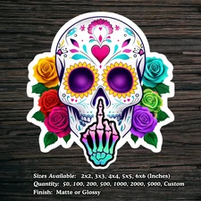 COLORFUL FLORAL SKULL WITH MIDDLE FINGER STICKER GOTH PUNK VINYL DECAL DIE CUT