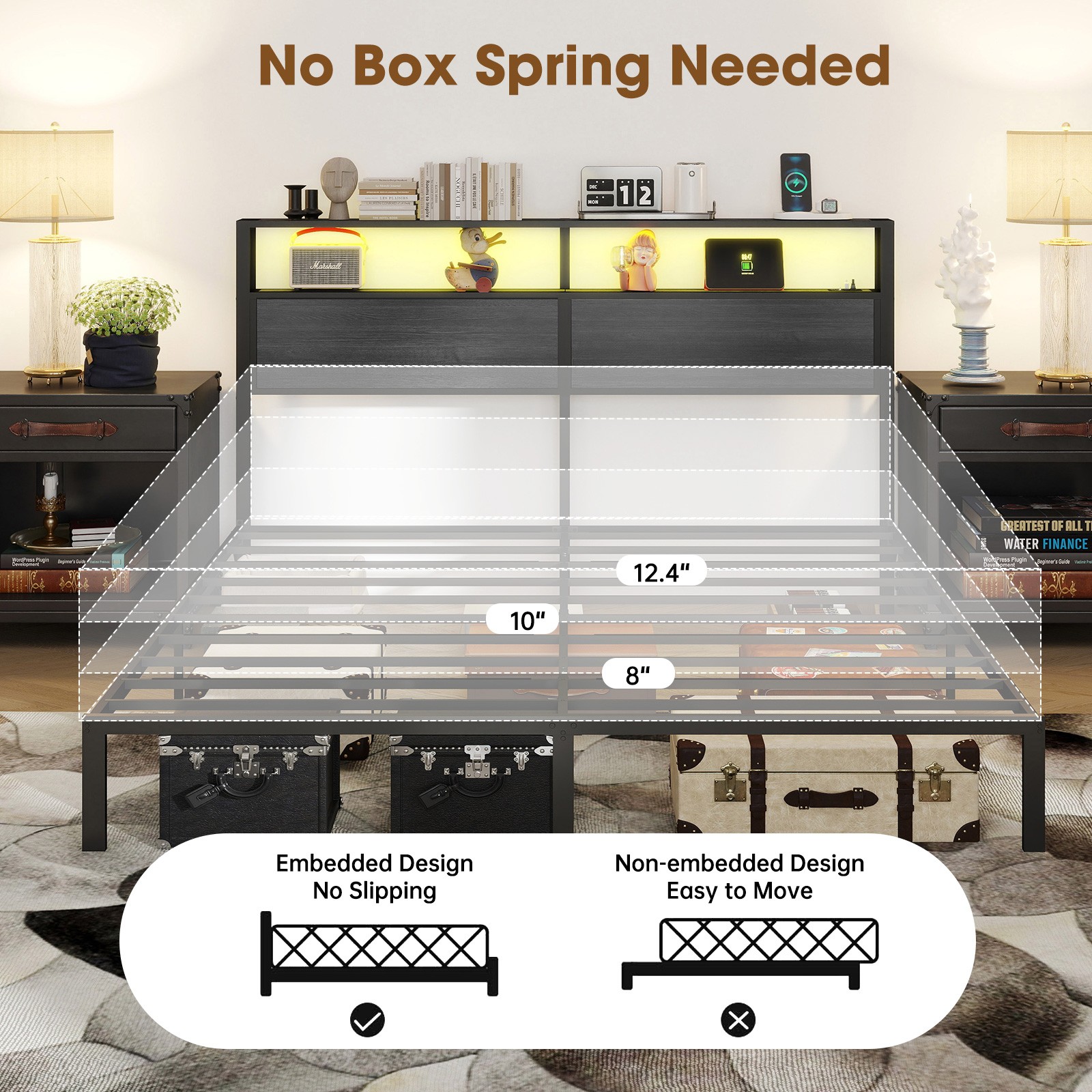 Full Queen King Size Metal Bed Frame with LED and Storage Charging Headboard