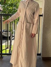 Beige Linen Long Sleeve Collared Maxi Shirt Dress with Buttons Pockets