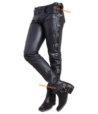 Mens Buckle Black Lambskin Leather Pants Biker Party Casual Rider Slim Fit Style