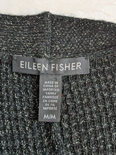 Eileen Fisher Black Metallic Open Front Merino Wool Blend Cardigan Sweater M - Picture 5 of 9