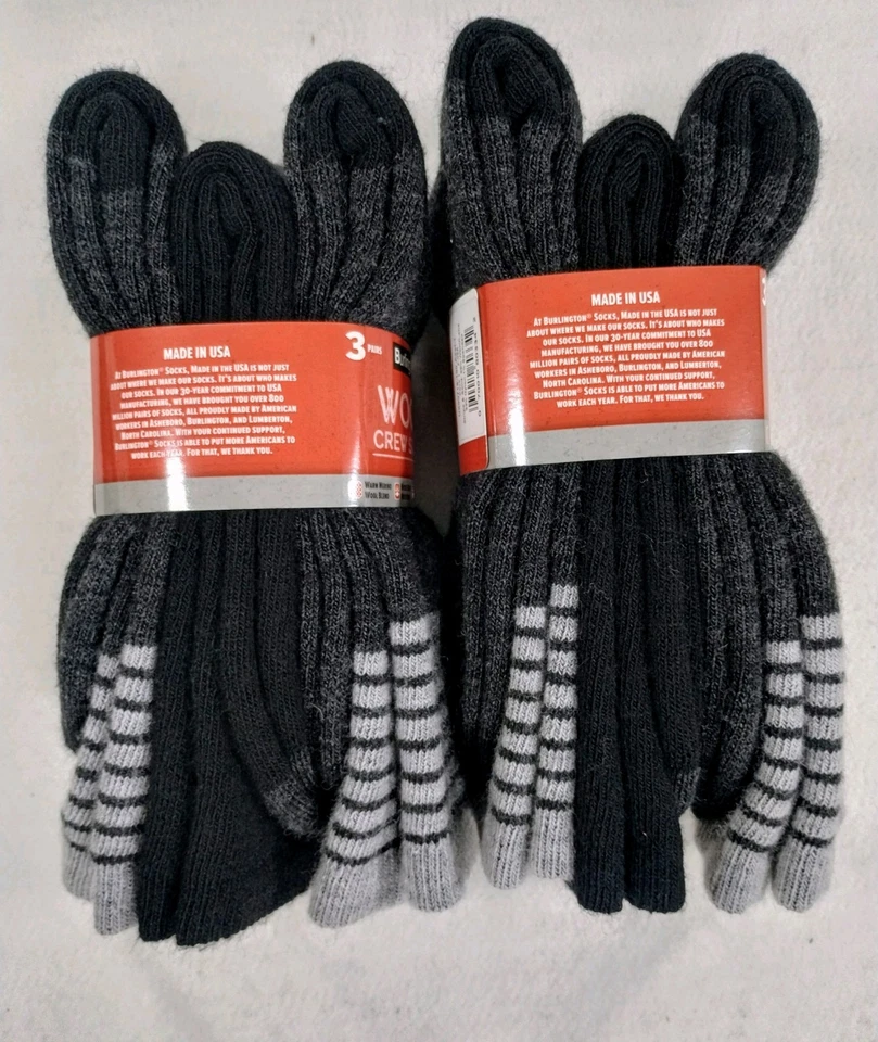 Calcetín Burlington Para Hombre Lana Merino Crew 6 Pares Zapato Talla 6-12 Gris y Negro EE. UU. Foto 4 de 4