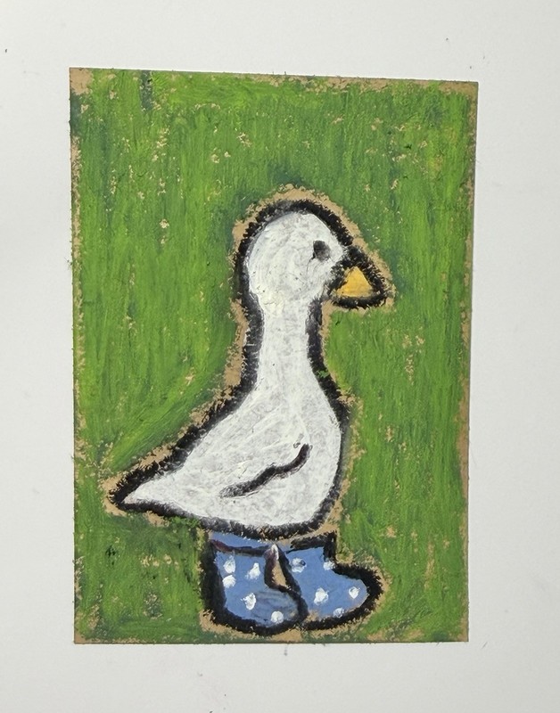 ACEO Art Card Original Mixed Media Painting Duck Goose Boots Oil Pastel