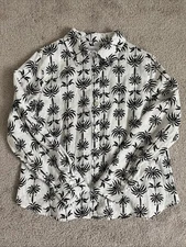 Nicole Miller Women's 100% Linen Shirt Coastal Palm Trees Long Sleeve Size L