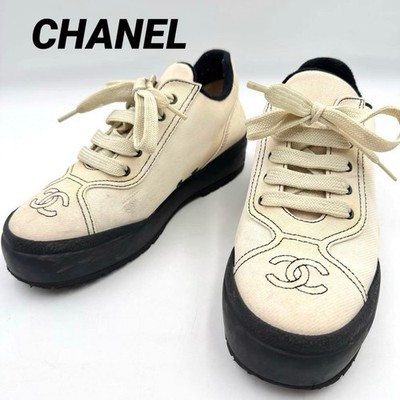 Chanel Platform Sneakers Coco Mark White X Black Size 37 US About 7 For Women