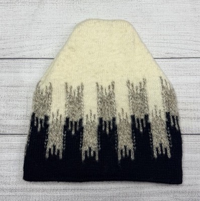 Penthouse Knits Wool Beanie Hat Ivory White Gray Black Aztec Vintage USA Ski